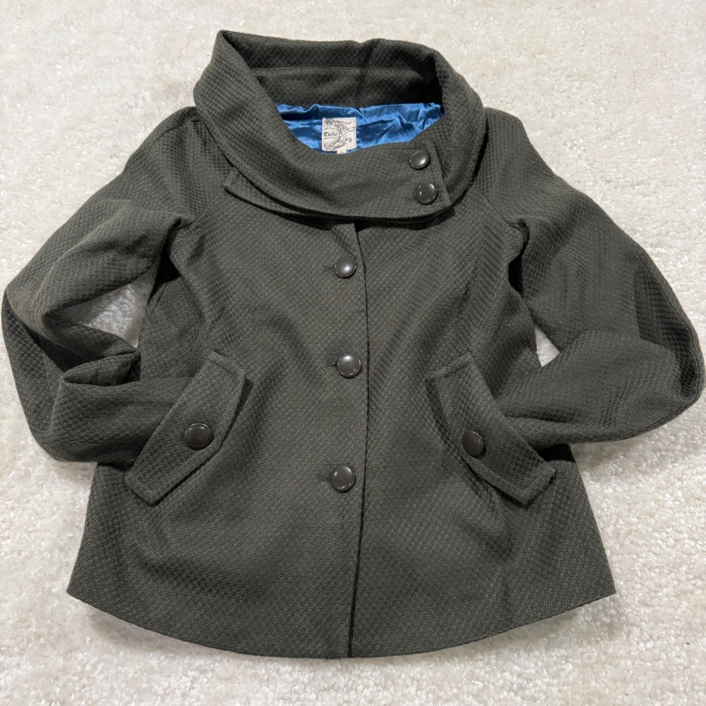 Anthropologie Tulle Pea Coat Women Med Green Wool Blend Funnel Neck Pleated Back